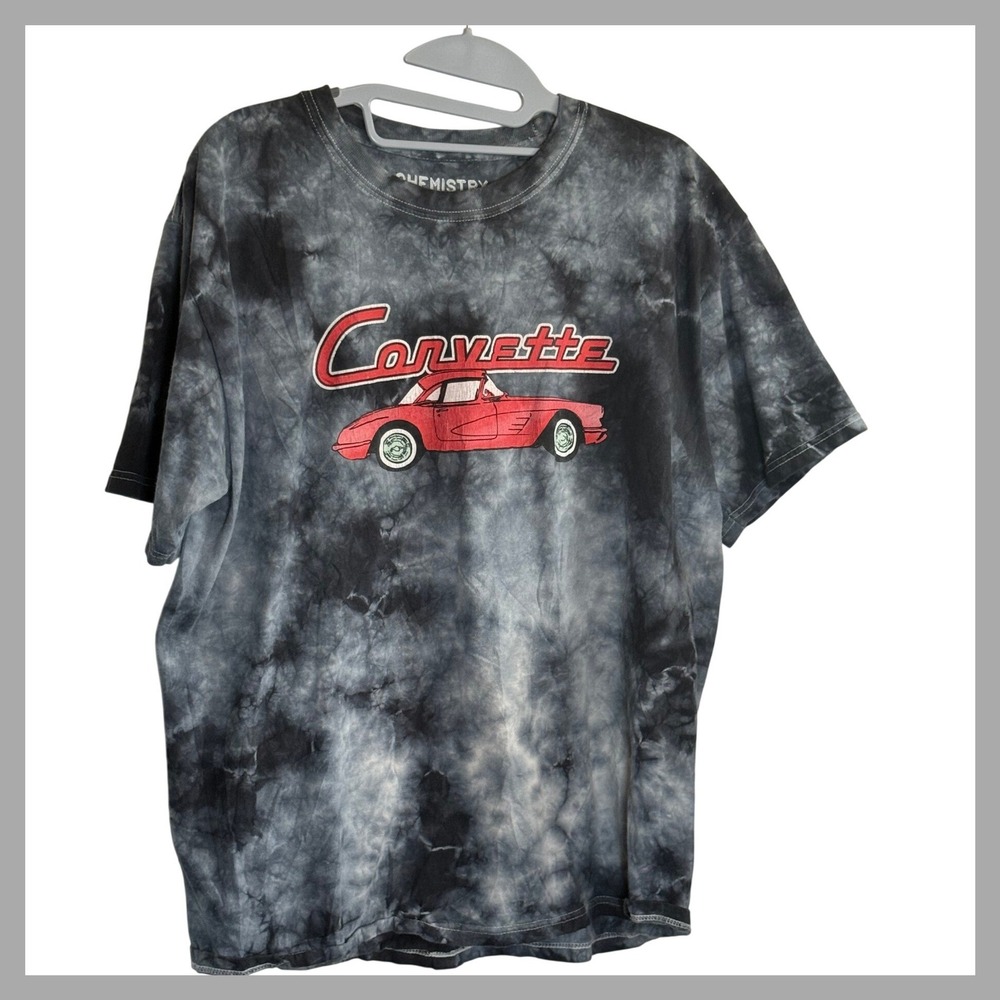 Chemistry Corvette C1 Tie Dye Graphic T-Shirt Mens Large Black Grey Double Sided